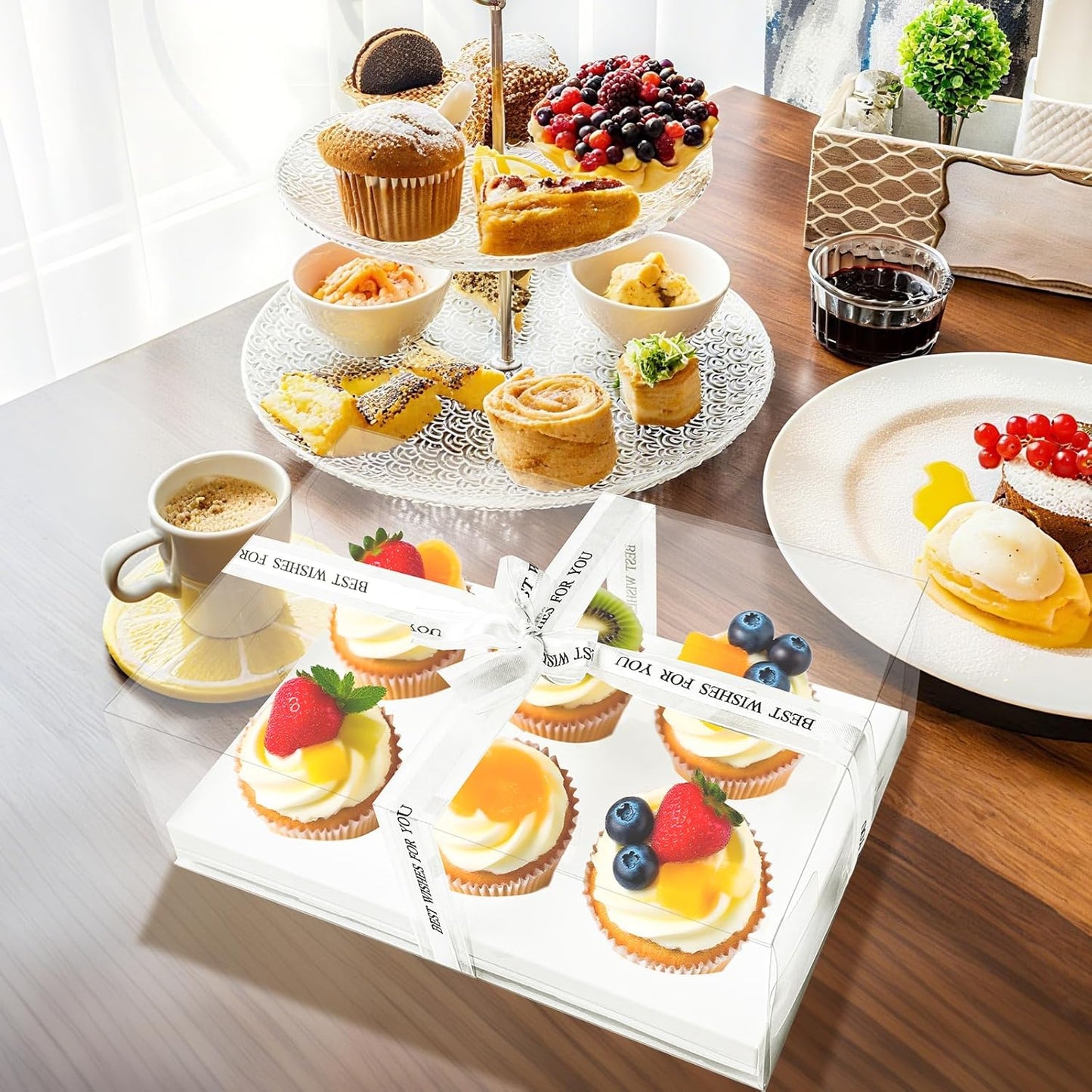 15 Pack Clear Cupcake Boxes, 6 Compartment Cupcake Container Set, Stackable Plastic Dessert Box with Gift Ribbon for Muffins, Macarons, Cookies, Dessert, Party(10.5 x 7.08 x 4 Inches)