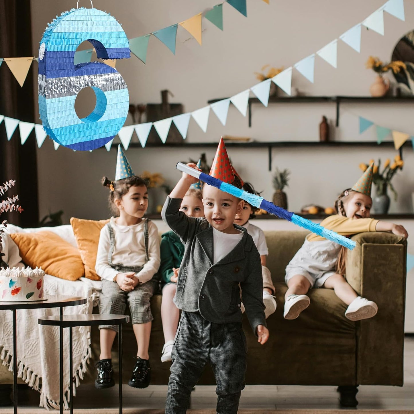 PCFING 20 Inch Number 3 Piñata Blue Silver with 30 Inch Piñata Stick Blindfold Confetti for Boys Girls Adults Birthday Party Decorations, Anniversary Celebration, Fiesta