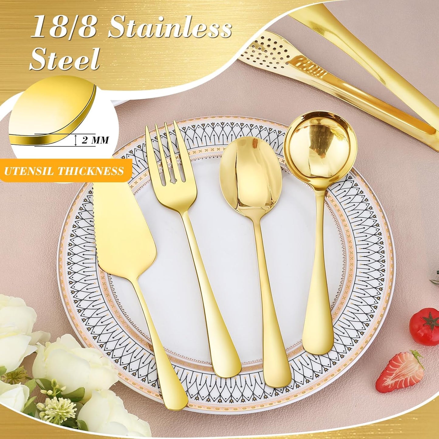 10PCS 18/8 Stainless Steel Serving Utensils Set for Parties, Kitchen Serving Tools-Include Serving Spoons, Slotted Spoons, Serving Forks Tongs Soup Ladle, Cake Pie Server for Buffet, Wedding
