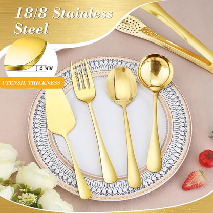 10PCS 18/8 Stainless Steel Serving Utensils Set for Parties, Kitchen Serving Tools-Include Serving Spoons, Slotted Spoons, Serving Forks Tongs Soup Ladle, Cake Pie Server for Buffet, Wedding