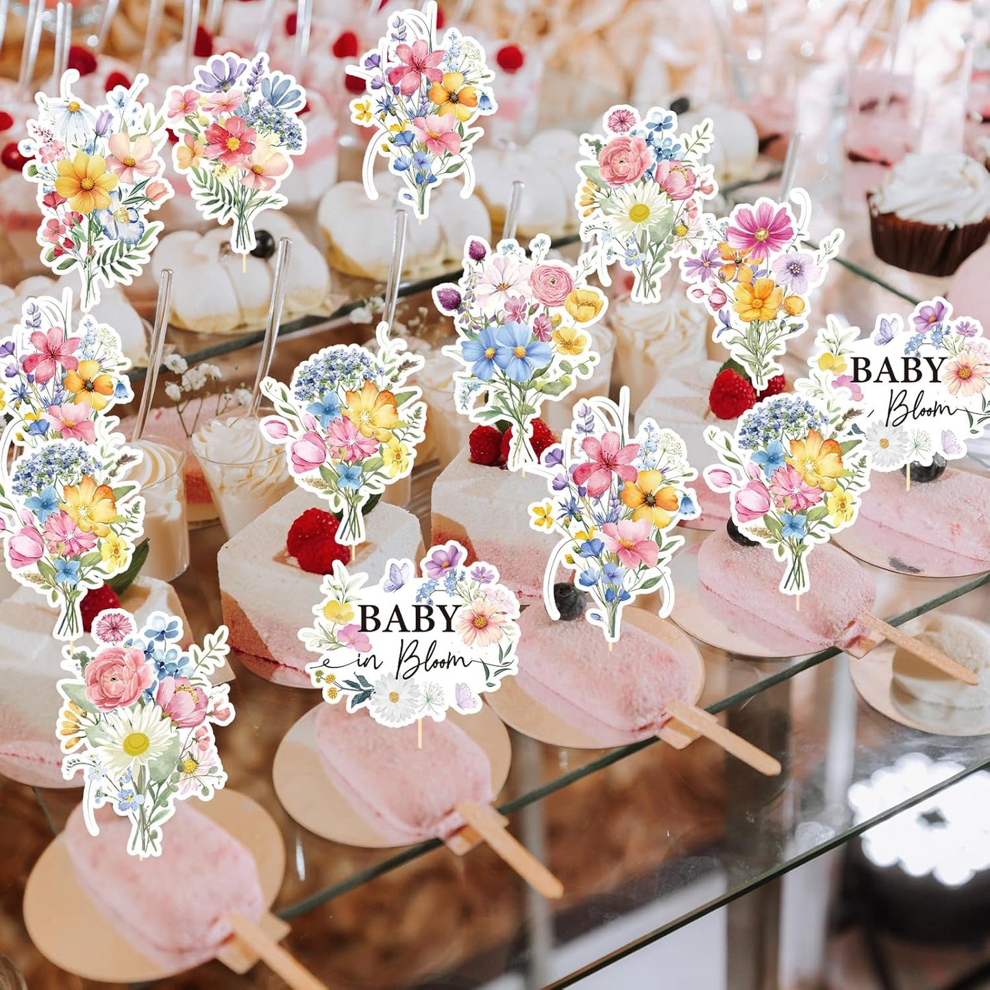 Rngmsi Flower Birthday Cupcake Toppers Decorations, 40PCS Wildflower Baby in Bloom Baby Shower Cake Decorations for Girls Women, Garden Floral Fairy Party Decor