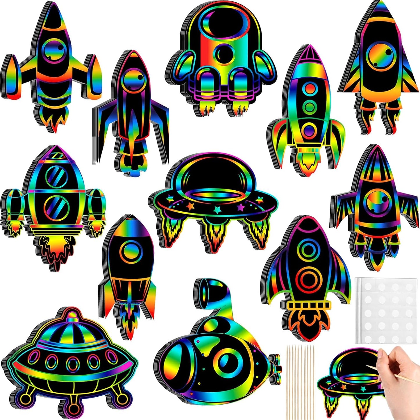 Engrowtic 72 Pieces Rocket Scratch Cards Outer Space Theme Party Scratch Crafts Rainbow Rocket Paper Card Art Favors for DIY Crafts Home Decoration Project