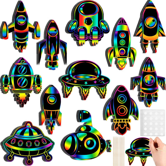 Engrowtic 72 Pieces Rocket Scratch Cards Outer Space Theme Party Scratch Crafts Rainbow Rocket Paper Card Art Favors for DIY Crafts Home Decoration Project