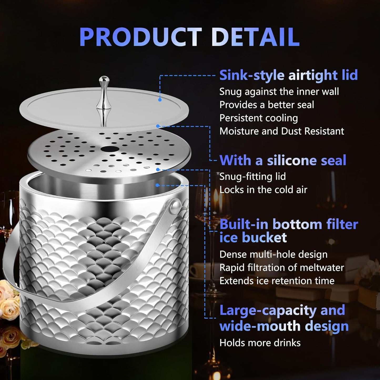 Ice Bucket, Ice Bucket with Silicone Sealing Ring Double-Wall Vacuum Insulation Champagne Buckets with Filter Layer Ice Tongs Ice Scoop (Gold, 3 L)