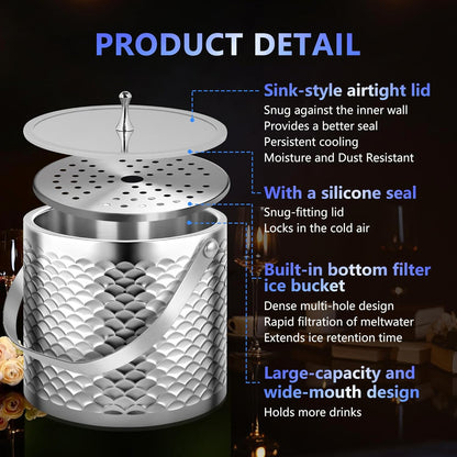 Ice Bucket, Ice Bucket with Silicone Sealing Ring Double-Wall Vacuum Insulation Champagne Buckets with Filter Layer Ice Tongs Ice Scoop (Gold, 3 L)