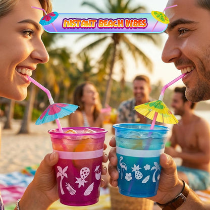 4E's Novelty 48 Packs Tropical Party Cups with Parasol Straws - Disposable Plastic Cups 16oz BPA free, for Hawaiian Luau Party and Pool Parties, Beach Theme Birthday Decorations for Kids & Adults
