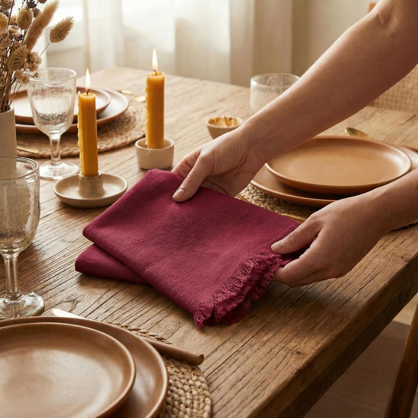 ACCENTHOME Natural Cotton Linen Napkin Set of 12 18x18 inch Dinner Napkins - Washable Soft Premium Hotel Quality Reusable Hemmed Edges Napkins Perfect Table Linens for Family Dinners, Weddings