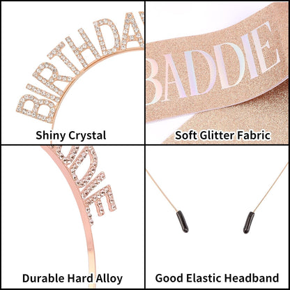 Aprince Birthday Baddie Sash and Tiara Crown for Women Girls Black Gold Happy Birthday Headband Accessiores Party Decorations
