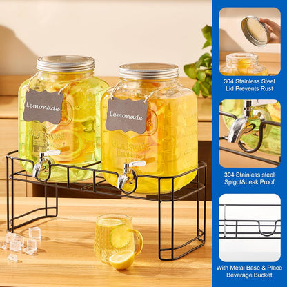 1 Gallon Glass Drink Dispensers for Parties, 2PACK Beverage Dispenser with Stand, Fruit Infuser and Stainless Steel Spigot 100% Leakproof, Beverage Dispenser for Lemonade Sun Tea