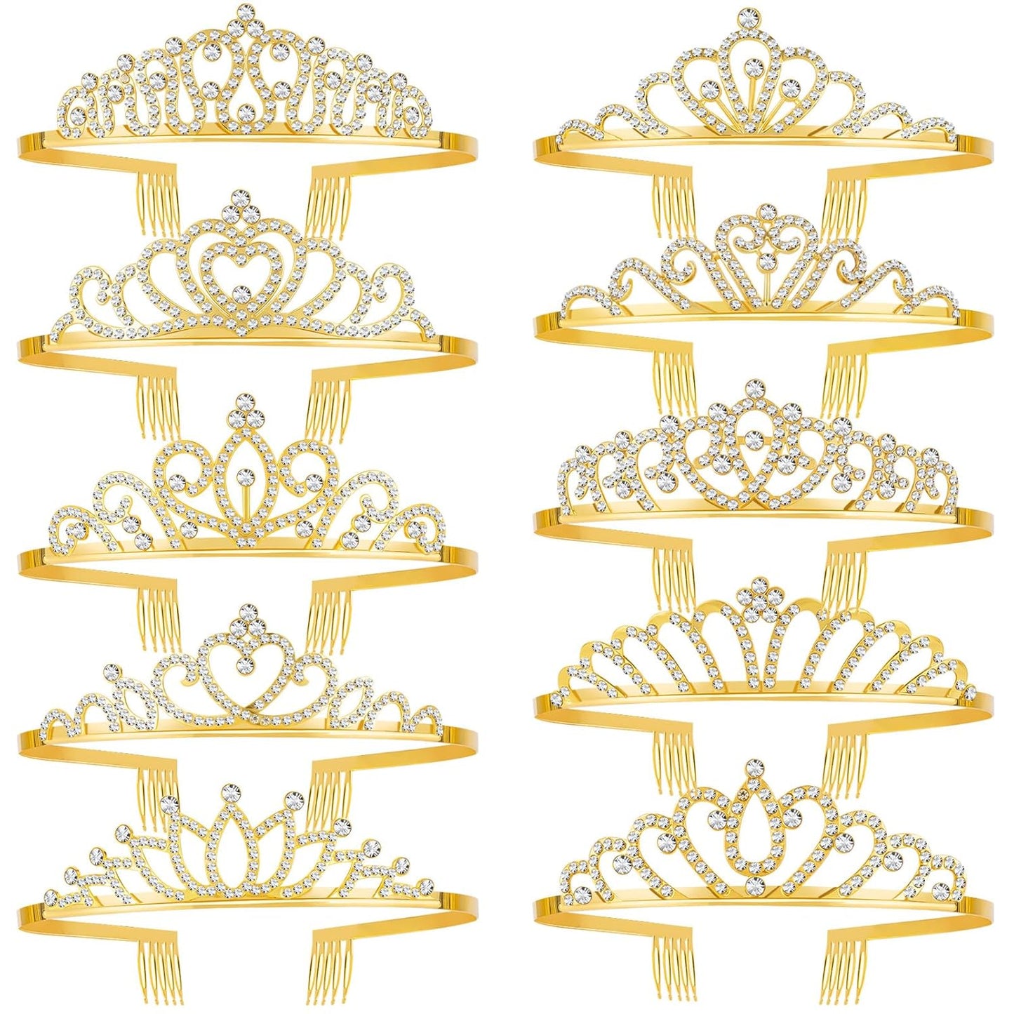 10 Pcs Crystal Crowns Headbands, Gold Princess Headband Rhinestone Crown Queen Headband with Comb for Women Princess Hair Accessories for Birthday Party, Wedding(Random)