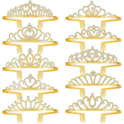 10 Pcs Crystal Crowns Headbands, Gold Princess Headband Rhinestone Crown Queen Headband with Comb for Women Princess Hair Accessories for Birthday Party, Wedding(Random)