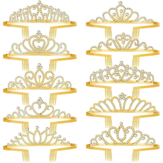 10 Pcs Crystal Crowns Headbands, Gold Princess Headband Rhinestone Crown Queen Headband with Comb for Women Princess Hair Accessories for Birthday Party, Wedding(Random)