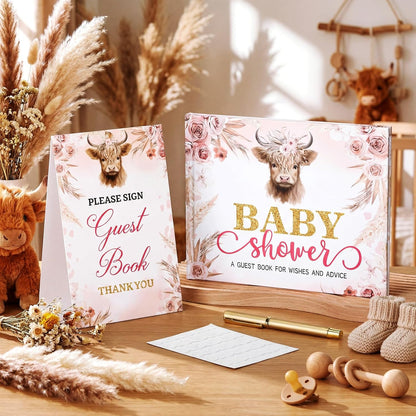Fuyoooo 27 Pcs Safari Animal Baby Shower Guest Book Set Baby Shower Sign in Guest Floral Book Place Table Cards with Gold Pen Adhesive Photo Corner for Birthday Party