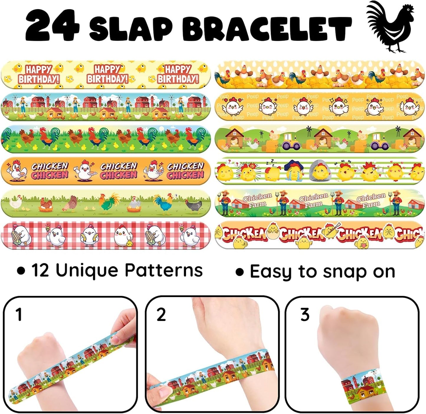 96 PCS Chicken Party Favors Set – 72 Pre-Cut Temporary Tattoos & 24 Slap Bracelets for Kids, Perfect for Farm-Themed Birthday Parties, Classroom Rewards & Barnyard Celebrations