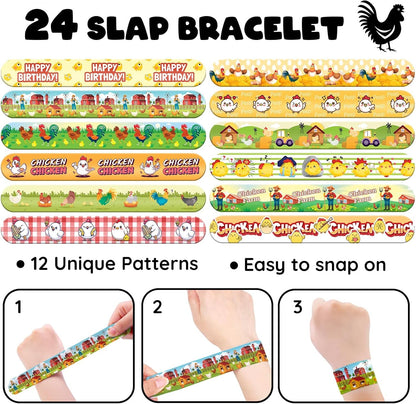 96 PCS Chicken Party Favors Set – 72 Pre-Cut Temporary Tattoos & 24 Slap Bracelets for Kids, Perfect for Farm-Themed Birthday Parties, Classroom Rewards & Barnyard Celebrations