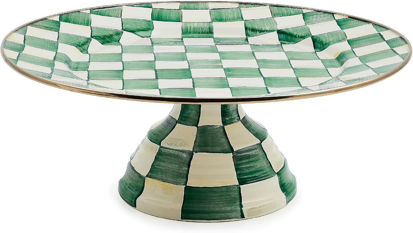 MACKENZIE-CHILDS Enamel Pedestal Platter, Round Cake Stand, Large, Black-and-White Courtly Check
