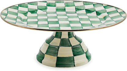 MACKENZIE-CHILDS Enamel Pedestal Platter, Round Cake Stand, Large, Black-and-White Courtly Check