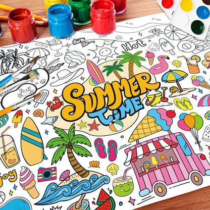 43.3x31.5 Summer Coloring Poster with Picture, Giant Cute Painting Poster, Large Coloring Tablecloth for Classroom Home Birthday Party Supplies Favor