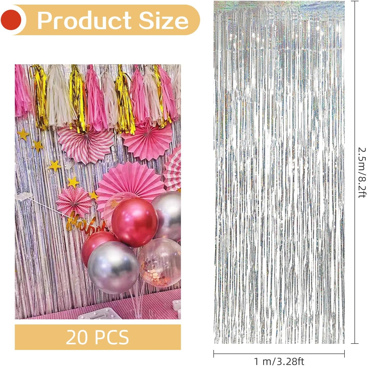 20 Pack Silver Foil Curtain Backdrop 3.2ft x 8.2ft Foil Fringe Backdrop Curtain Metallic Tinsel Foil Fringe Curtains Streamer Backdrop Curtains for Birthday Party Decorations Photo Booth (Silver)