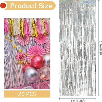 20 Pack Silver Foil Curtain Backdrop 3.2ft x 8.2ft Foil Fringe Backdrop Curtain Metallic Tinsel Foil Fringe Curtains Streamer Backdrop Curtains for Birthday Party Decorations Photo Booth (Silver)