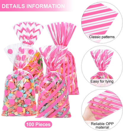 Aodaer 100 Pieces 10.6 x 5.1 In White Cellophane Bags Plastic Candy Gift Bag Cellophane Treat Bags with Twist Ties Stripes Polka Dot Printed Pattern Goodie Bag for Birthday Weddings Party Favors