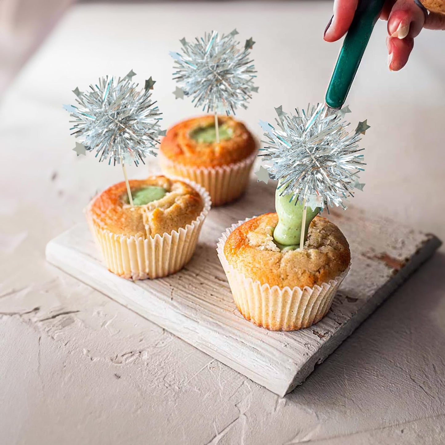 Ephlyn 30Pcs Foil Firework Cupcake Toppers Sparkle Tinsel Cupcake Picks Drink Stirrers Cocktail Food Fruit Toothpicks for Baby Shower Graduation Party Supplies White