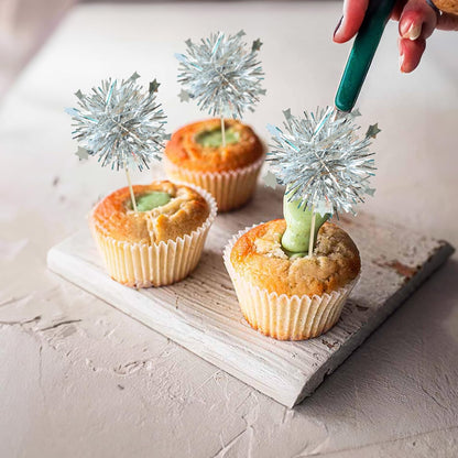 Ephlyn 30Pcs Foil Firework Cupcake Toppers Sparkle Tinsel Cupcake Picks Drink Stirrers Cocktail Food Fruit Toothpicks for Baby Shower Graduation Party Supplies White