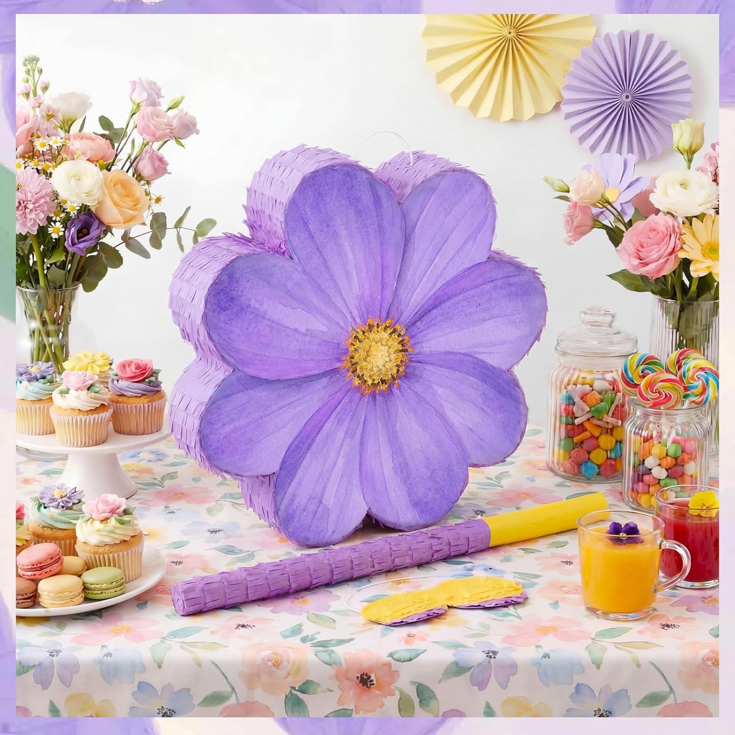 Aoriher Daisy Flower Piñata Set with Blindfold and Bat Pink Flower Piñata Daisy Hippie Boho Game for Birthday Baby Shower Gender Reveal Wedding Floral Mother's Day Princess Party Supplies Decorations