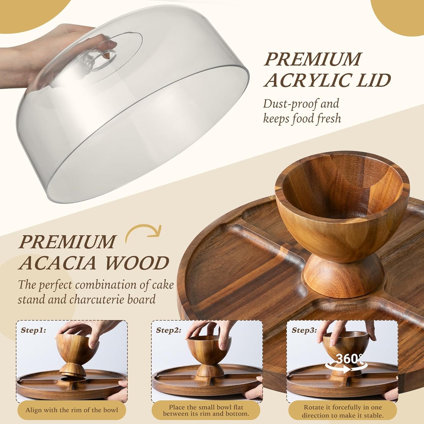 Cake Stand with Lid, 2 In 1 Cake Stand, 12in Round Acrylic Cake Stand with Dome, Acacia Wood Cake Container, Comes with Cake Paper, Perpare for Cake, Dessert, Cookie, No Glass