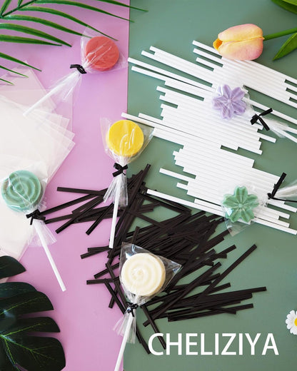 4-inch White Lollipop Sticks and Bags Set, 100Pcs Paper Candy Sticks,100Pcs Clear Bags, 100Pcs Twist Ties for Hard Candy, Chocolate, Cookie, Dessert (Gold)