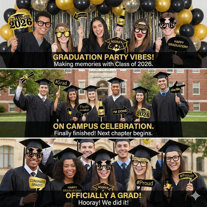 2026 Graduation Selfie Photo Booth Frame Black and Gold with 18Pcs Graduation Photo Booth Props, Upgraded Version with Support Cardboard, 2026 Grad Party Pose Sign