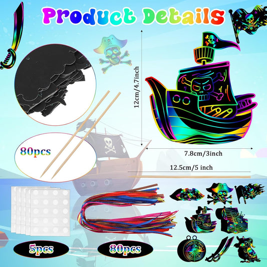 Motipuns 80 Pcs Pirate Scratch Cards for Adult Rainbow Treasure Compass DIY Ornament Crafts Pirate Party Favor for Men Gifts Birthday Decorations