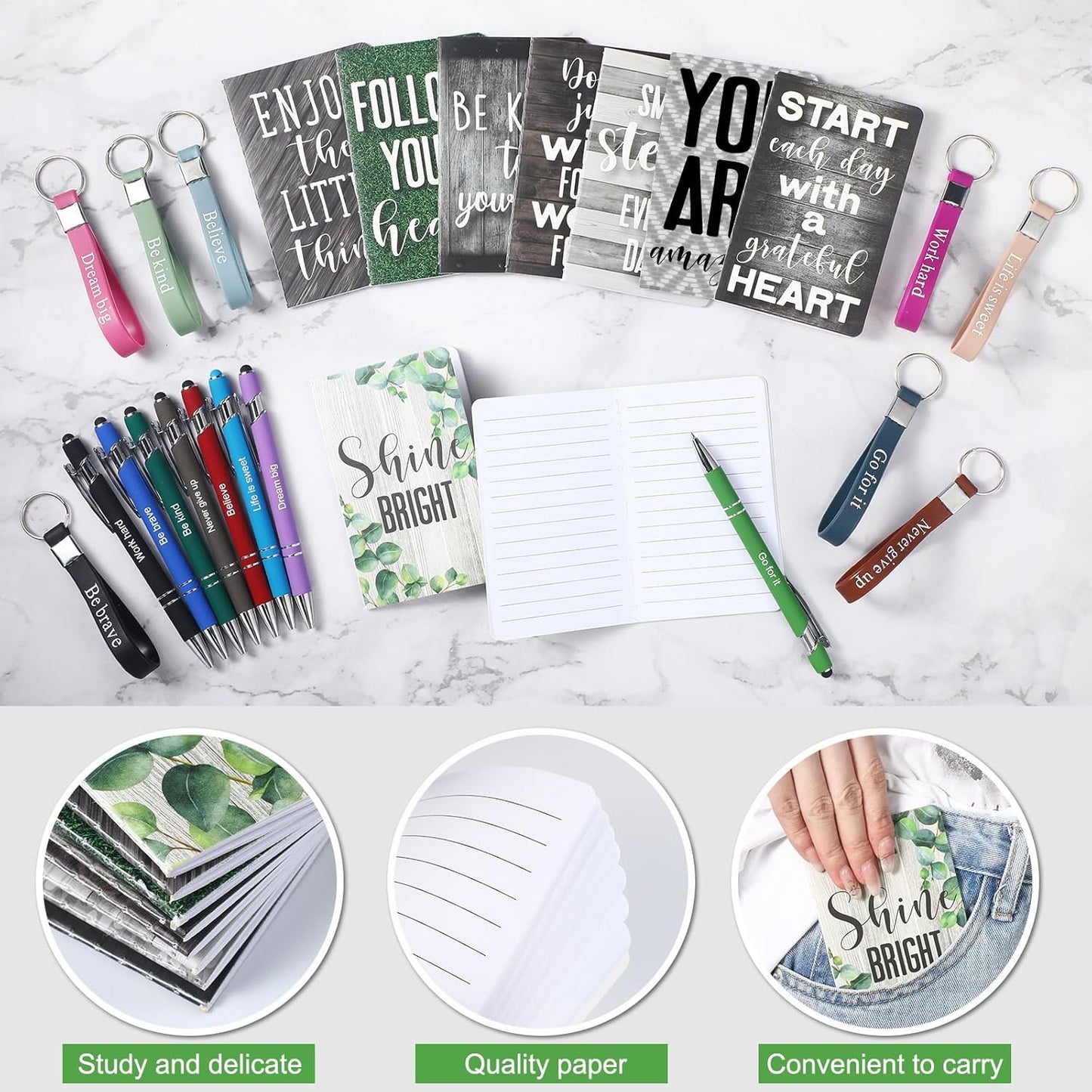 PerKoop 48 Pcs Inspirational Gifts Bulk Motivational Notepads Ballpoint Pens Keychains Set Modern Farmhouse Journal Notebooks Christian Gifts for Teachers School Office Party Favor Supplies