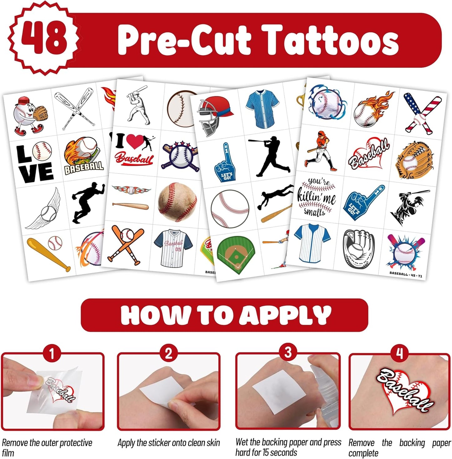 72PCS Baseball Party Favors - 48 Pre-Cut Tattoos & 24 Slap Bracelets for Kids, Perfect for Sports-Themed Birthdays, School Prizes, and Classroom Rewards
