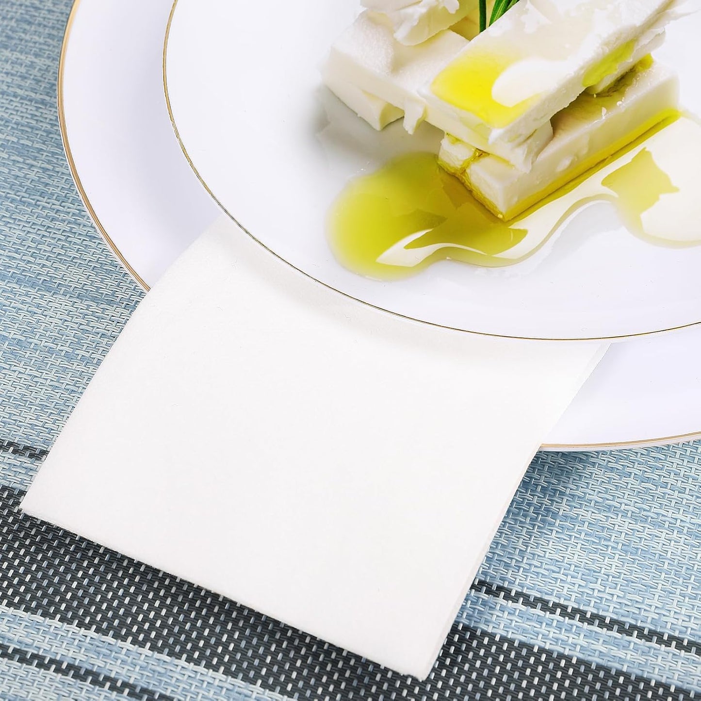 JOLLY CHEF 100 Disposable Hand Towels, Soft and Absorbent Linen Feel Dinner Napkin, Elegant Decorative Paper Guest Towels for Kitchen, Bathroom,Thanksgiving, Weddings,Parties, Gold and White