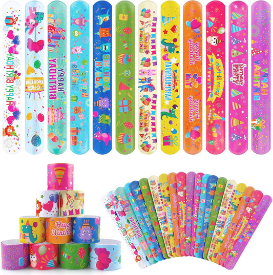 RICEDUO 36 Pcs Happy Birthday Slap Bracelets for Kids, 12 Styles Colorful Bulk Slap Wristbands - Birthday Snap Bracelets for Summer Party Favors Gift Exchange