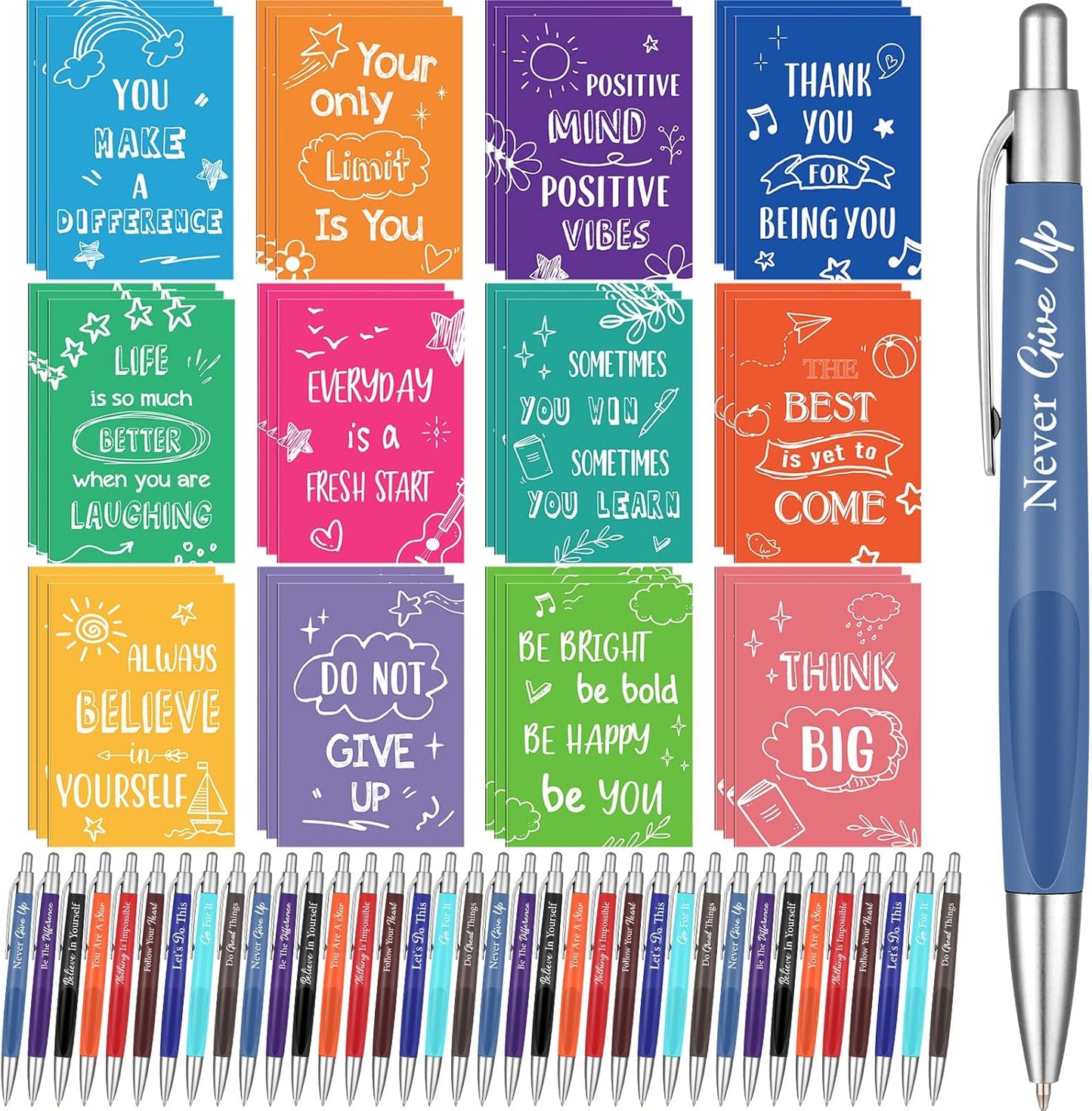 Yeaqee 72 Pcs Motivational Pens Notepads Gifts Set Inspirational Quote Ballpoint Pen Small Notebook Mini Journal Bulk Present Idea for Teacher Coworker Gifts Women Office School(Inspiring)