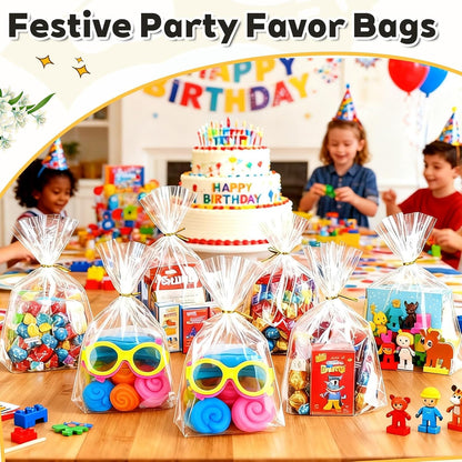 PigPotParty Cellophane Treat Bags 6x9 Inch, 50 Pack Clear Goodie Bags with Bottom Gusset for Stand-Up Display, Small Plastic Gift Wrap for Cookies, Candy, Party Favors, Popcorn, Includes 50 Gold Ties