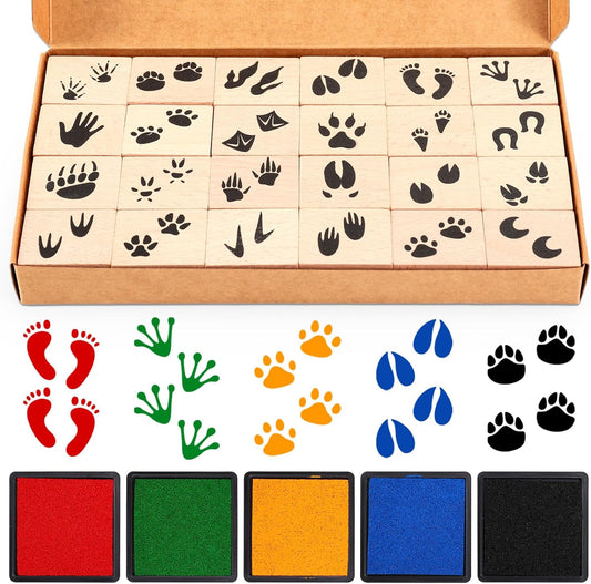 Whaline 29 Pcs Cartoon Animal Wooden Rubber Stamps with Ink Pads Cute Cartoon Pattern DIY Craft Stamps for Party Decor Scrapbooking Cards Making