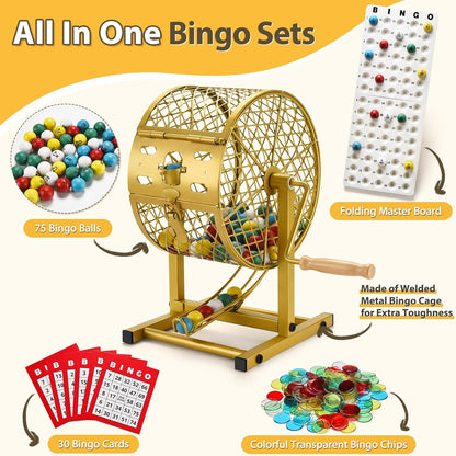 AugFir 12.6" Tall Bingo Game Sets with Steel Cage, Professional Bingo Game for Adults Includes Colorful Chips, 30 Cards and 75 Balls, Great for Fun Family, Large Groups, Parties