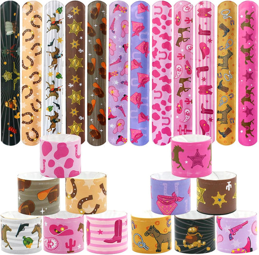 Qpout 48pcs Western Cowgirl Cowboy Slap Bracelets Pink Girl Snap Bracelet Horse Disco Rodeo Bachelorette Let's Go Girls Horse Party Wristbands for Western Themed Party Decorations
