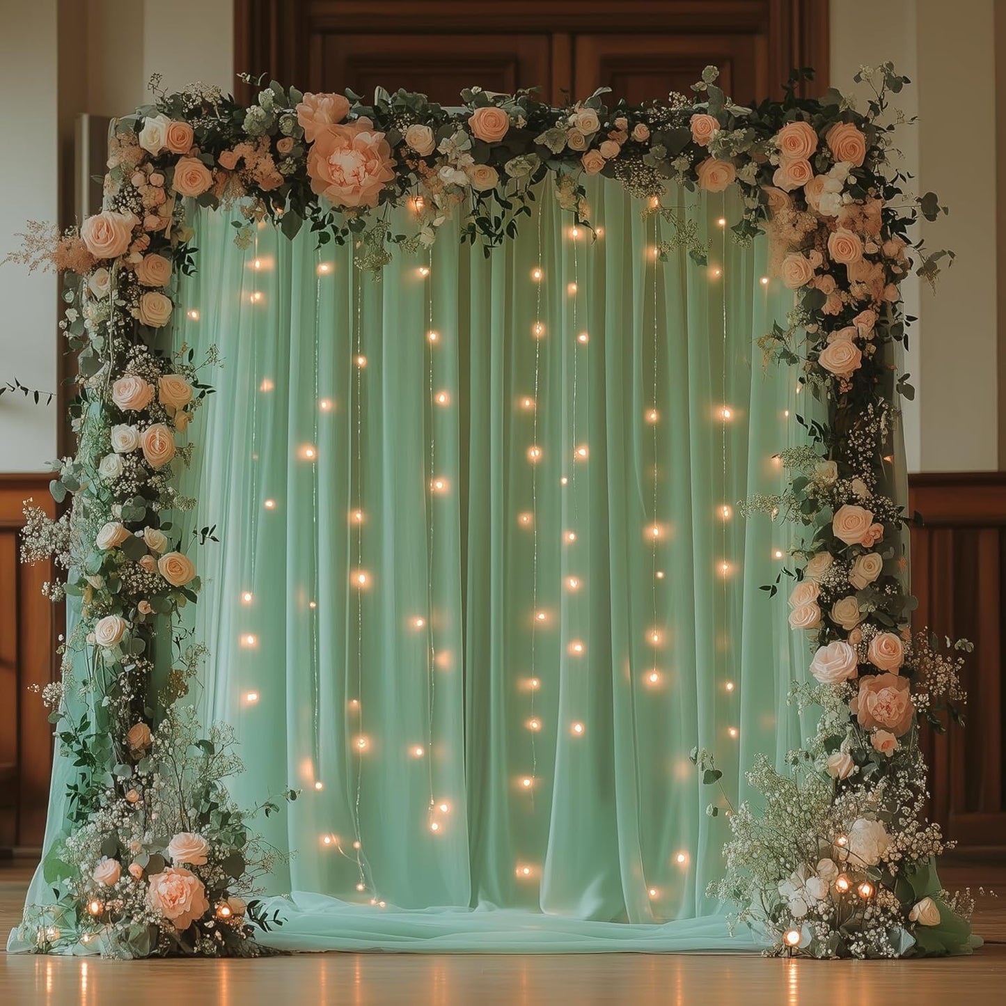 Fomcet Tulle Backdrop Curtains with Lights String White 10FT X 8FT Sheer Curtain with Lights Tulle Curtains Backdrop for Wedding Birthday Party Baby Shower Photo Shoot (2 Panels 5x8FT)