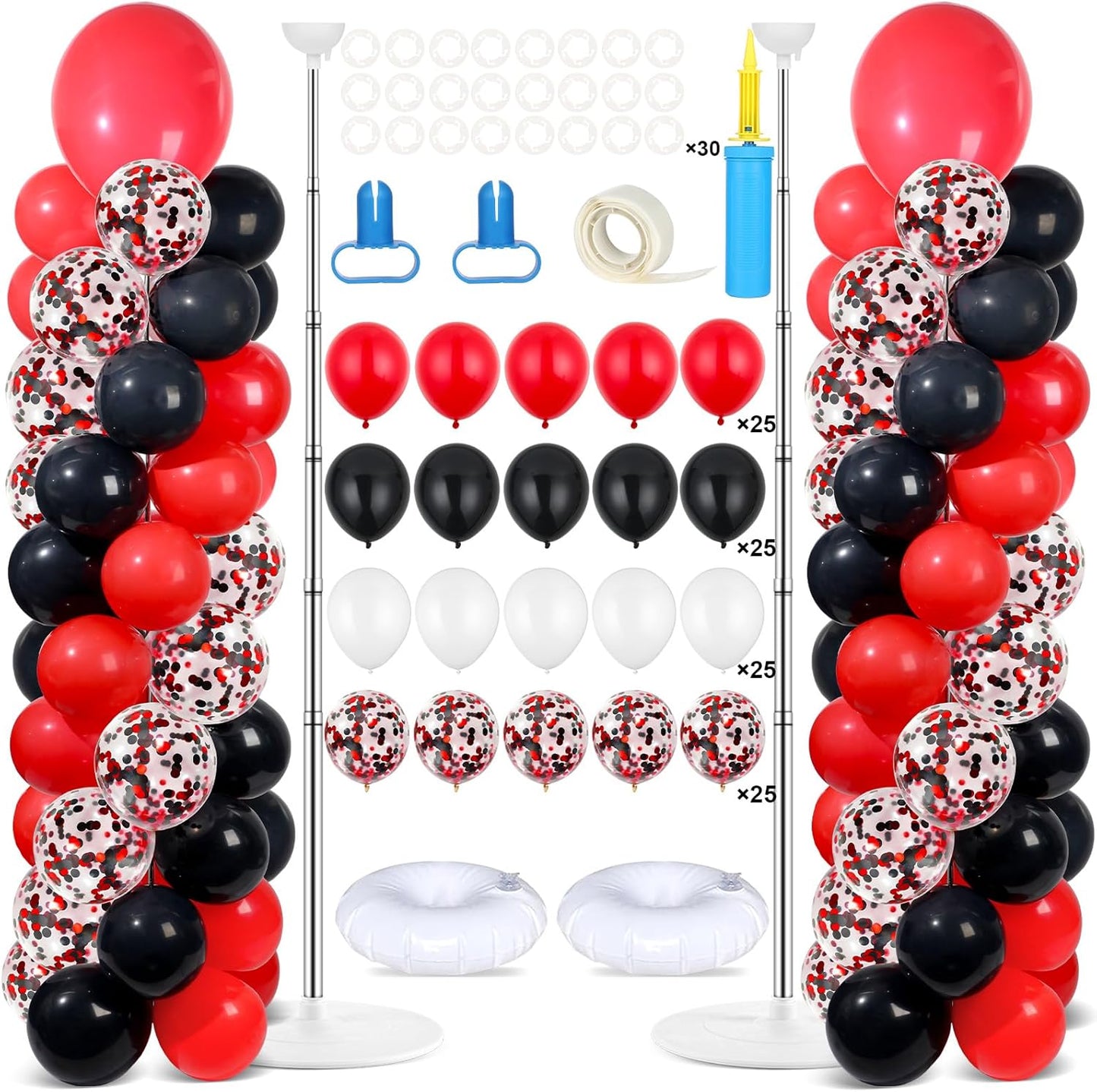 2 Set Black and Gold Balloons Column Stand Kit with 100 Balloons Adjustable Balloon Stand with Bases for Floor Black Gold Confetti Balloon Column Kit for Bridal Shower Valentine Birthday Party Decor