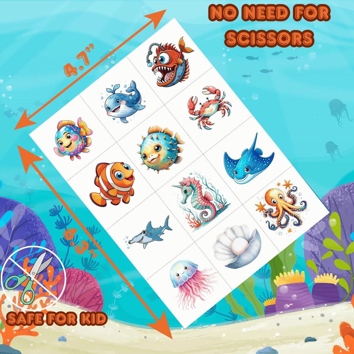 108 PCS Ocean Sea Animal Shark Whale Fish Pre-Cut Temporary Tattoos | Super Cute Themed Birthday Party Favors, Supplies, Decorations, Fake Tattoo Stickers