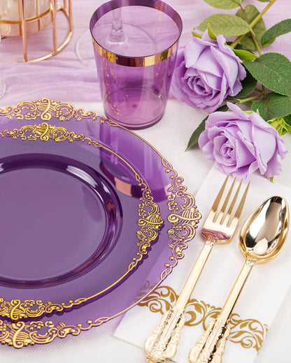 Nervure 350PCS Gold Plastic Plates - Gold Plastic Dinnerware Sets for 50 Guests - 100 Disposable Plates, 150 Silverware, 50 Cups, 50 Napkins for Wedding & Party & Mothers Day