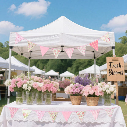 G2PLUS 39Ft Triangle Bunting Banner, 42Pcs Pink Floral Garland Pennant Banner, Reusable Cotton Triangle Flags Party Decoration for Birthday, Wedding, Garden Tea Party, Baby Shower, Room Decor