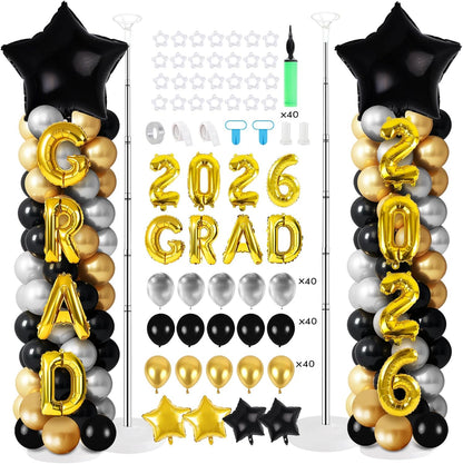 2 Sets Graduation Balloon Column Stand Kits with Balloons 2026 Grad Themed Decoration Navy Blue Balloon Tower Stand Kit for Grad High School & College Celebration Party Decor