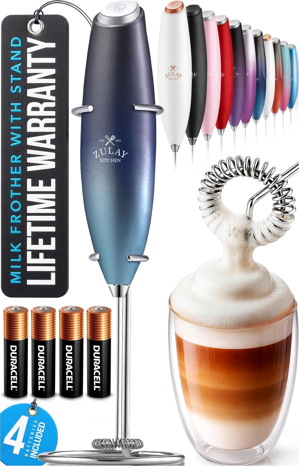 Zulay Kitchen Powerful Milk Frother Wand With Duracell Batteries - Ultra Fast Handheld Drink Mixer - Electric Whisk Foam Maker for Coffee, Lattes, Cappuccino & Matcha - Z1 Motor - Black - Colors B