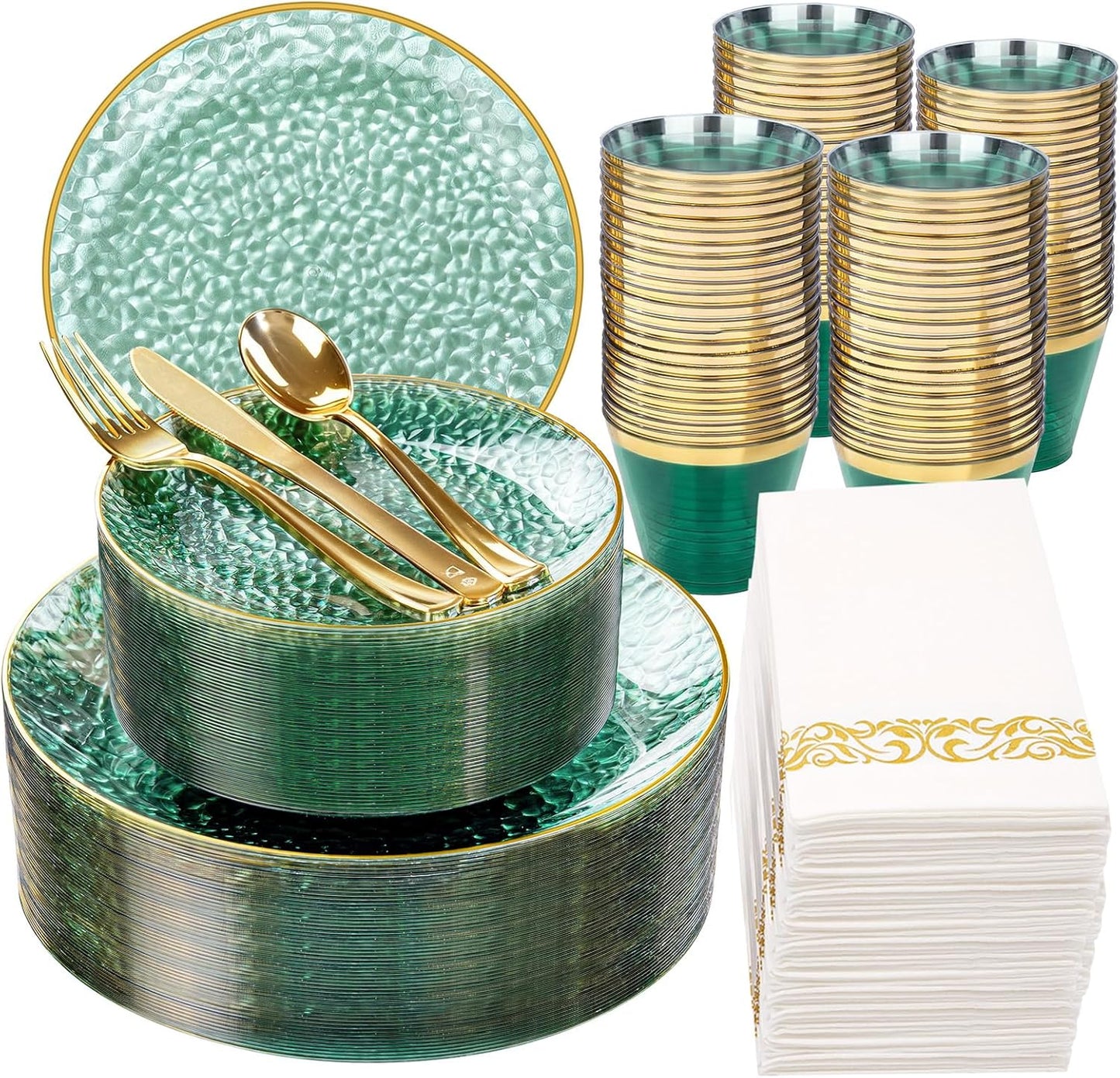 Rubtlamp 350 Pcs Clear Blue Plastic Plates, Blue Gold Plastic Dinnerware Set (50 Guests), Blue Disposable Plates With Gold Rim, Hammered Party Plates Set for Wedding And Party