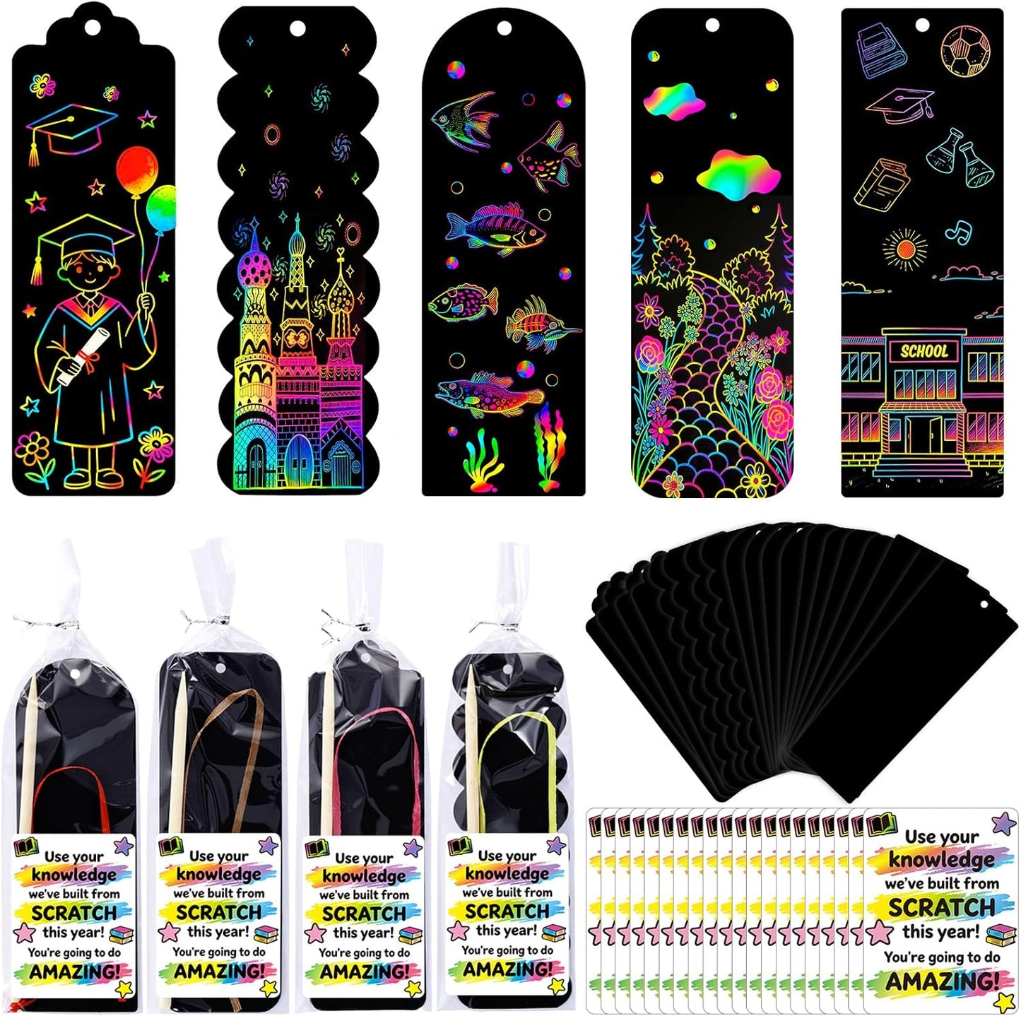 60 Set End of Year Gifts Magic Scratch Rainbow Bookmarks Making Kit, Scratch Paper DIY Bookmarks with Bamboo, Scratch Art Bookmark Craft for School Party Favor